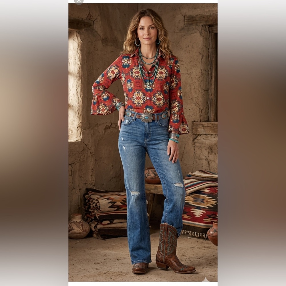 Gretchen Scott Southwestern Aztec Beacon Button down Ruffle Sleeve Shirt XS